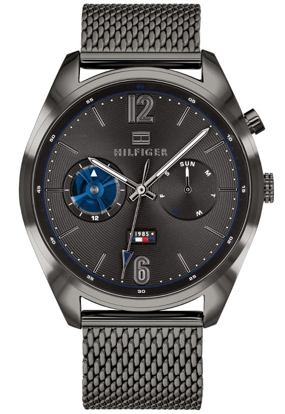 Tommy Hilfiger Deacan gunmetal chronograph watch with dark dial and mesh band