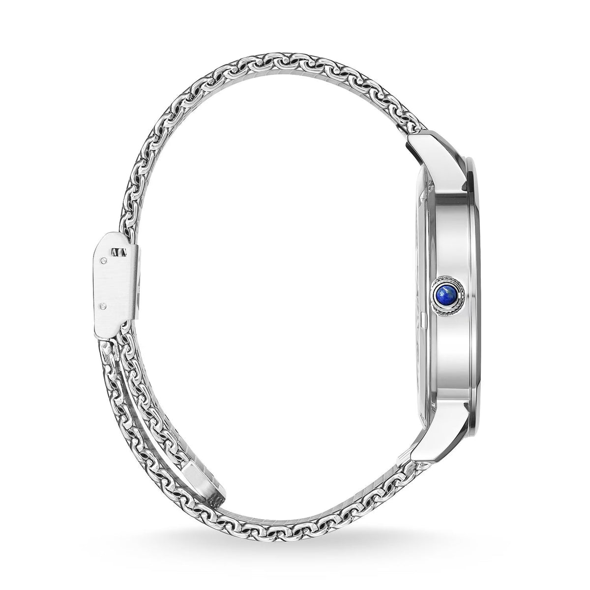 Thomas Sabo watch side view displaying thin silver case and mesh band