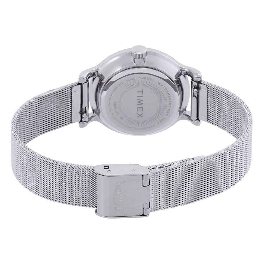 Timex Transcend caseback view showing silver mesh strap and solid case back