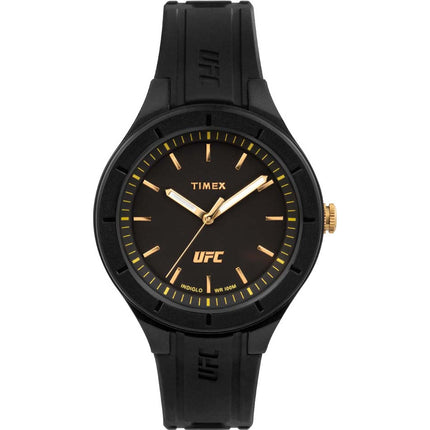 Timex UFC Shogun black dial watch with gold accents and black rubber strap