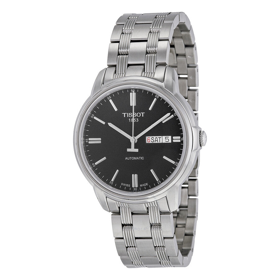 Tissot Automatics III three-quarter view showing black dial and steel bracelet design