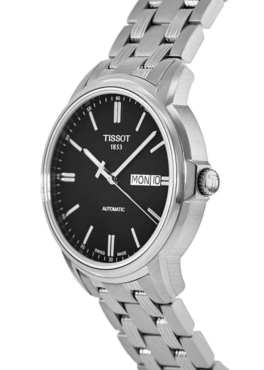 Tissot Automatics III side profile view of steel bracelet and case