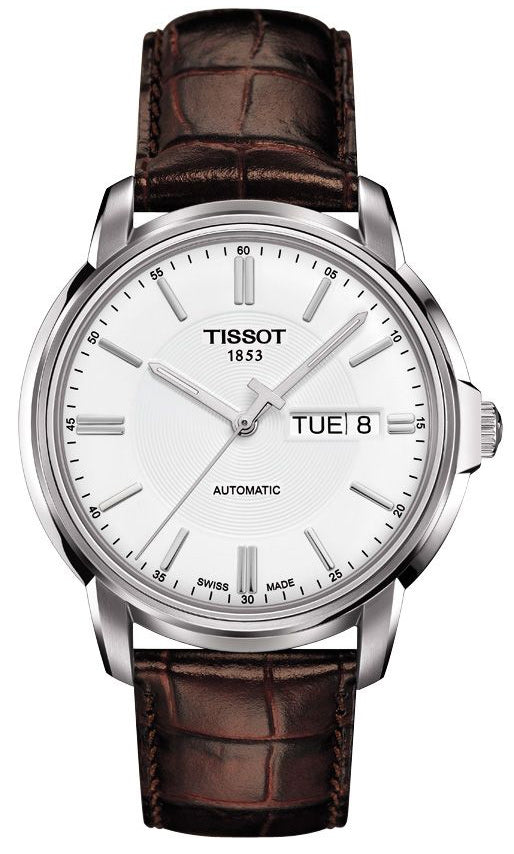 Tissot Automatics III steel watch with white dial, brown leather strap, and day-date window