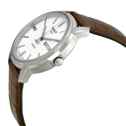 Tissot Automatics III side profile showing steel case and brown leather band