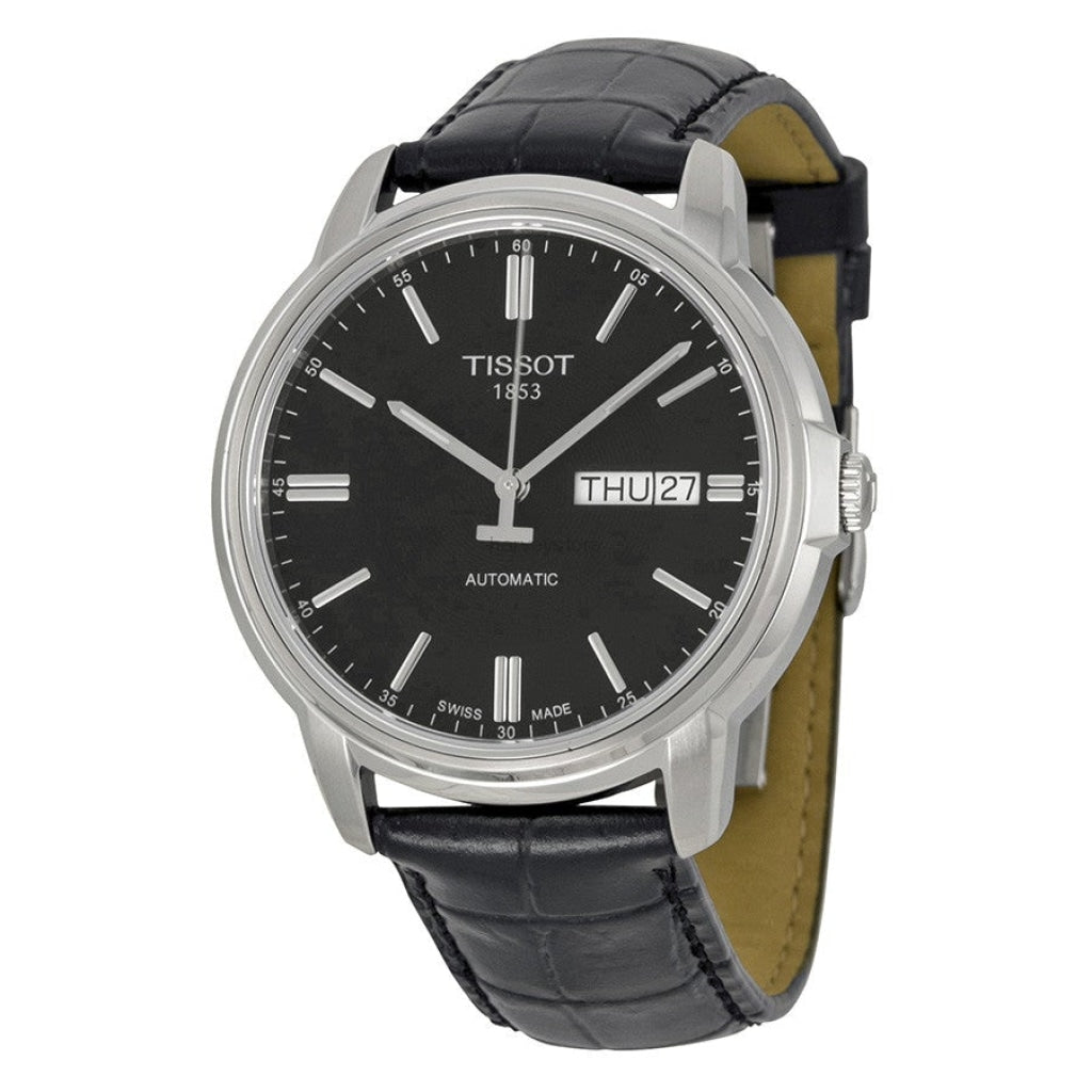 Tissot Automatics III watch angled view showing day-date window and black dial