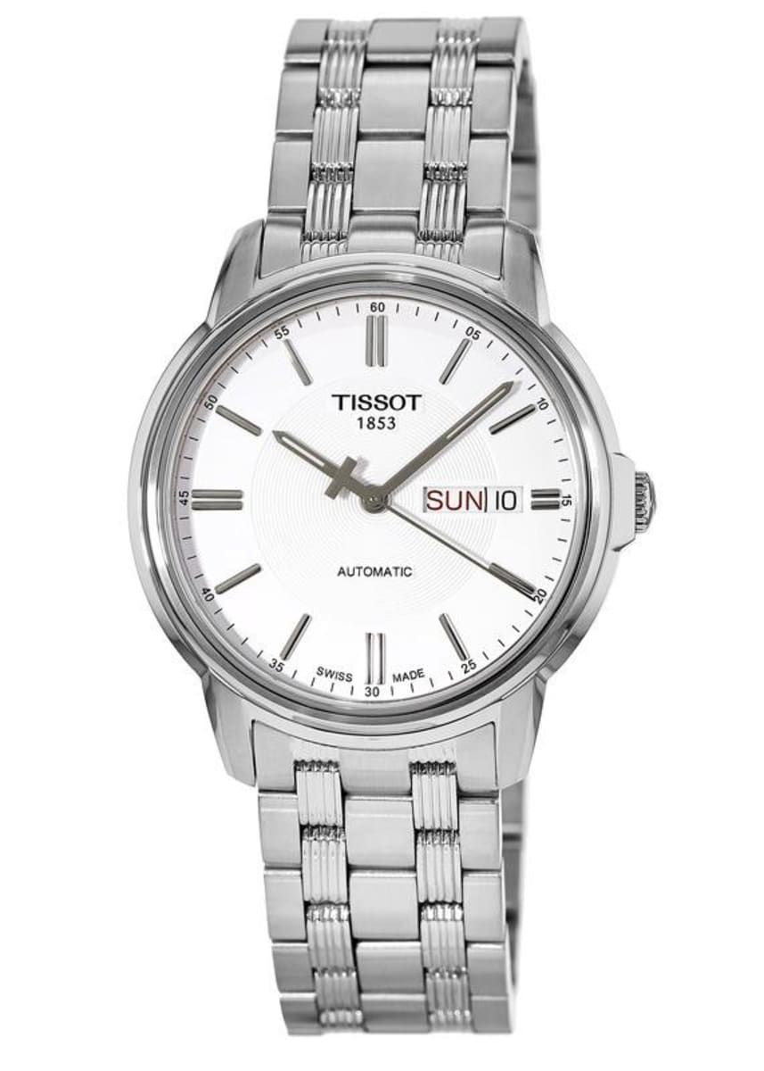 Tissot Automatics III watch at three-quarter angle showing white dial and steel bracelet