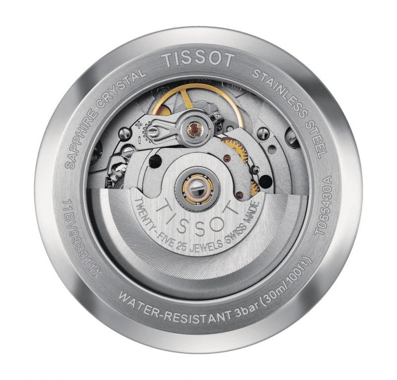 Tissot Automatics III automatic movement visible through caseback with day-date complication