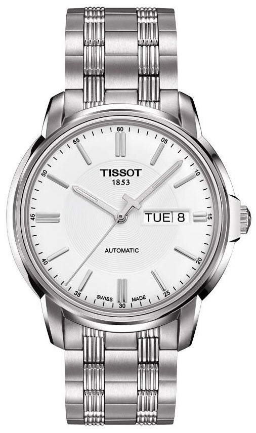 Tissot Automatics III white dial automatic watch with silver steel bracelet and day-date window