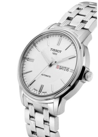 Tissot Automatics III watch from side profile with white dial and steel bracelet