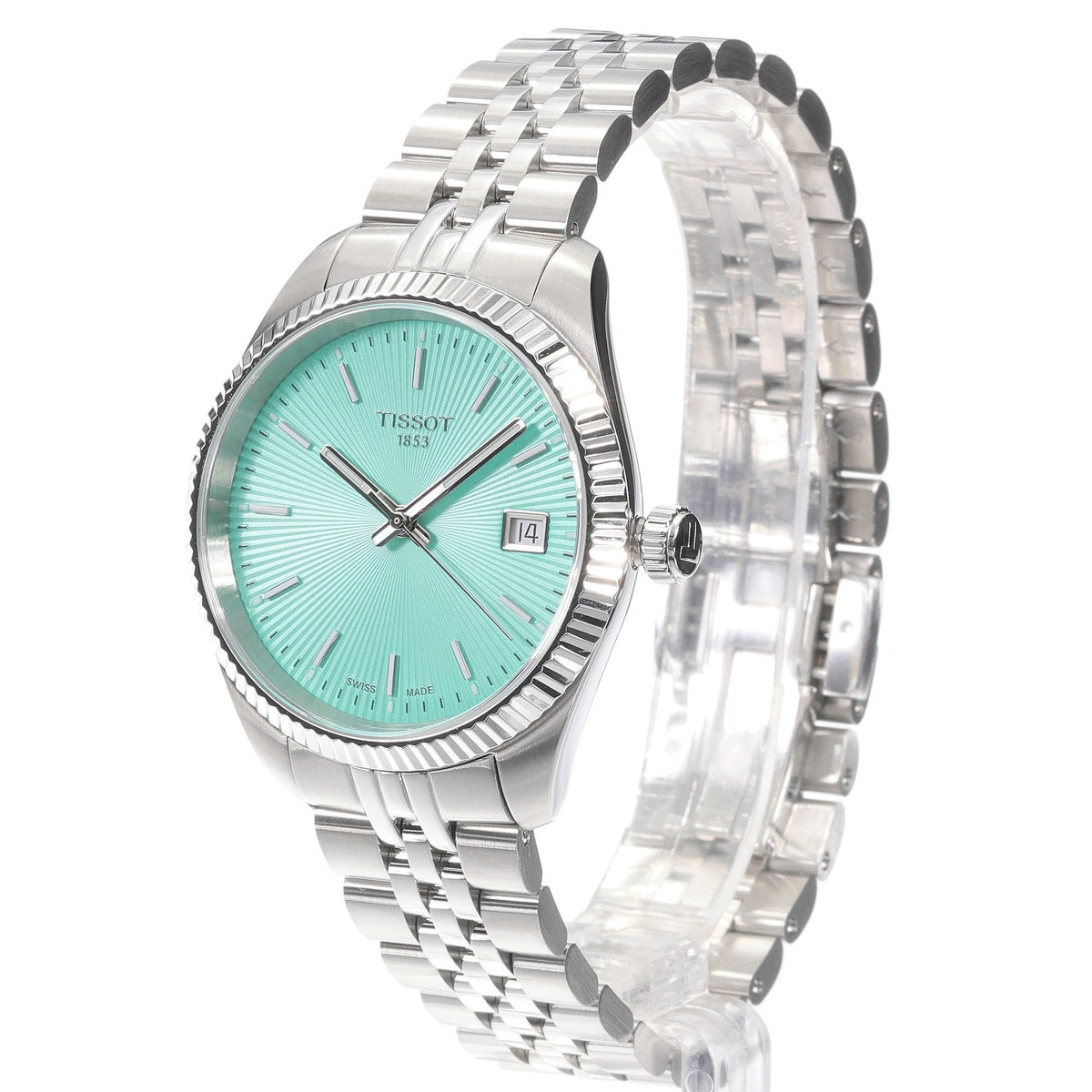 Tissot Ballade women's watch with light green dial shown at 45-degree angle with bracelet detail