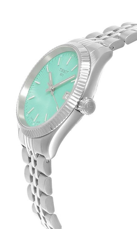 Side profile view of Tissot Ballade women's watch with green dial and stainless steel case