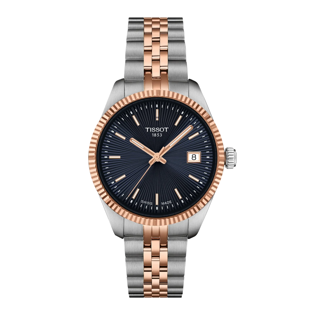 Tissot Ballade quartz women's watch with blue dial, two-tone steel and rose gold bracelet, fluted bezel, and date window