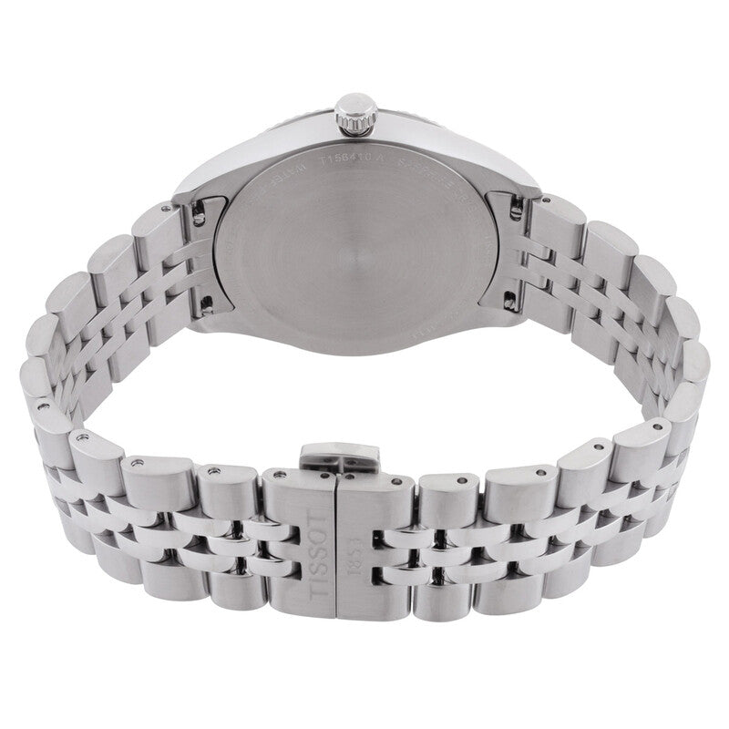 Tissot Ballade watch caseback showing stainless steel with integrated bracelet