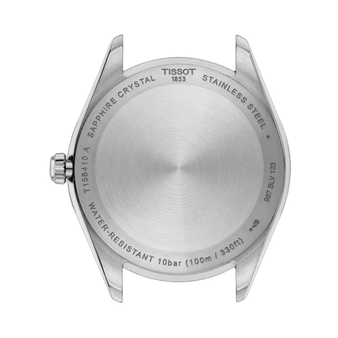 Tissot Ballade caseback showing sapphire crystal, stainless steel case, water resistant 100m