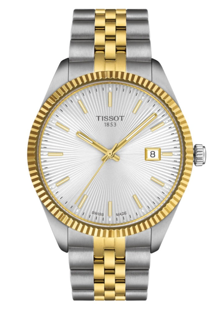 Tissot Ballade men's watch with white dial, two-tone steel and gold bracelet, date window