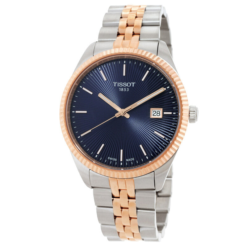 Tissot Ballade quartz men's watch with blue dial, two-tone steel and rose gold bracelet
