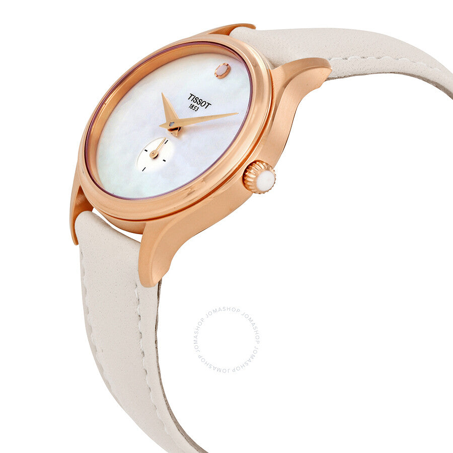 Angled side view of Tissot Bella Ora watch showing rose gold case and cream leather strap