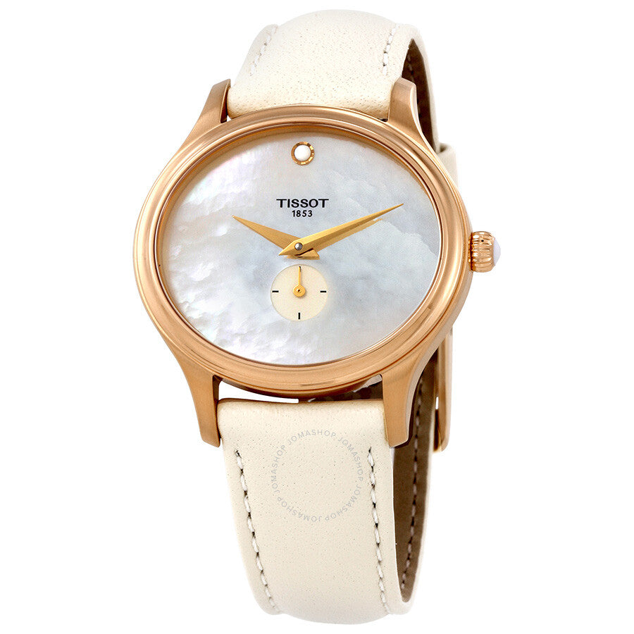 Tissot Bella Ora ladies watch with white mother of pearl dial, rose gold case, and cream leather strap