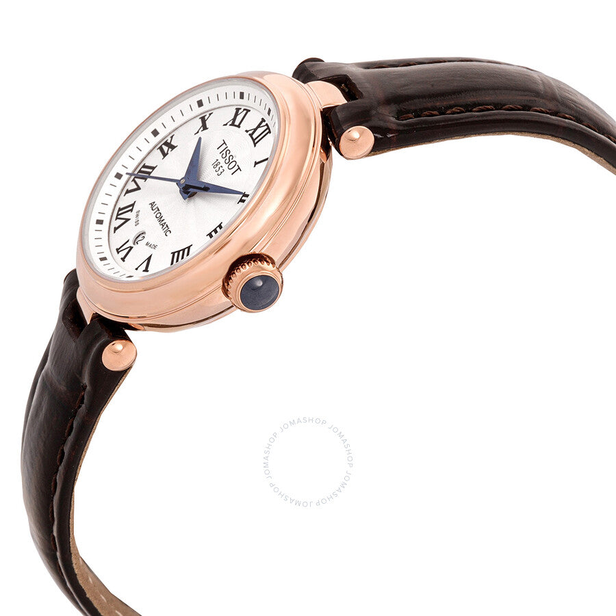 Tissot Bellissima angled side view showing rose gold case, white dial with Roman numerals, and black leather strap