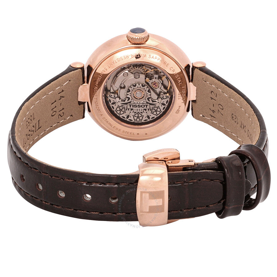Tissot Bellissima caseback showing exposed automatic movement and black leather strap