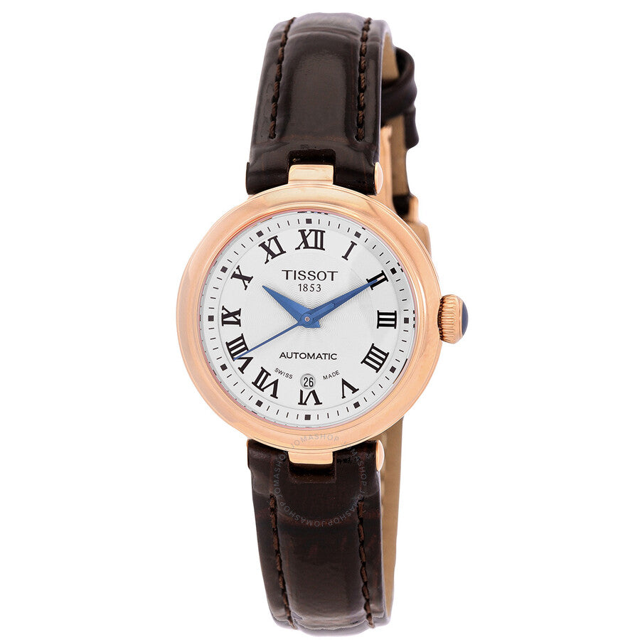 Tissot Bellissima automatic ladies watch with white dial, rose gold case, and black leather strap