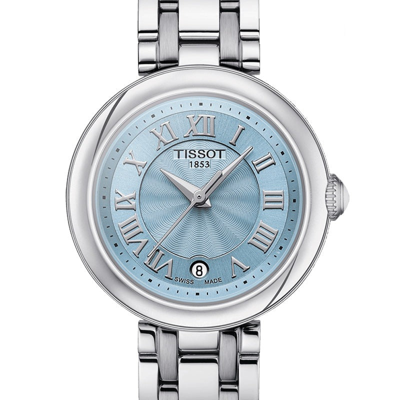 Light blue dial with roman numerals and date window on Tissot Bellissima Small Lady watch