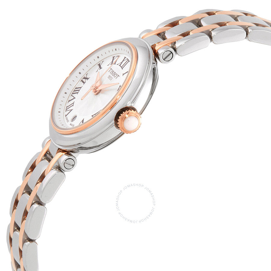 Side angled view of Bellissima Small Lady watch showing two-tone bracelet and rose gold crown
