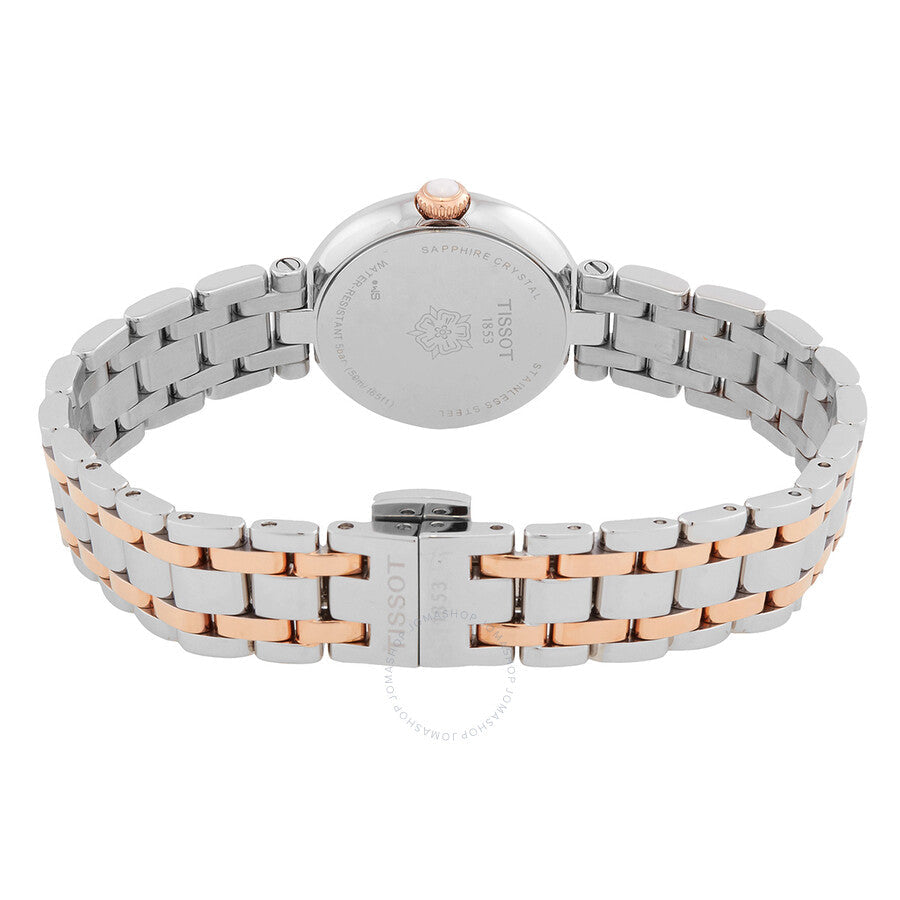 Caseback view of Bellissima Small Lady watch displaying two-tone stainless steel and rose gold bracelet
