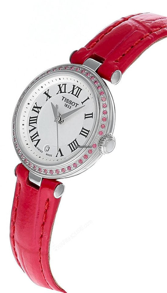 Side angle view of Tissot Bellissima women's watch with red leather strap and diamond-set bezel