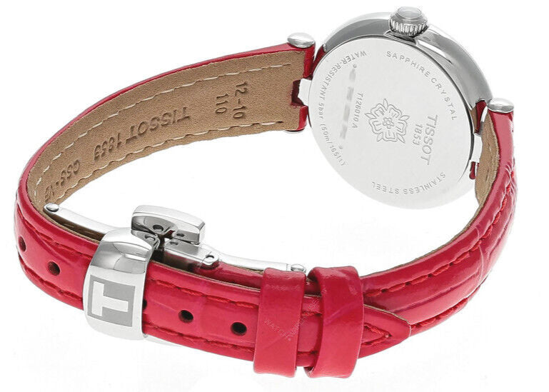 Caseback of Tissot Bellissima showing red crocodile leather strap and deployment clasp