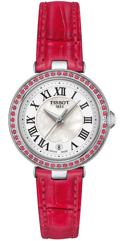 Tissot Bellissima Small Lady women's watch with white MOP dial, diamond-set bezel, and red leather strap