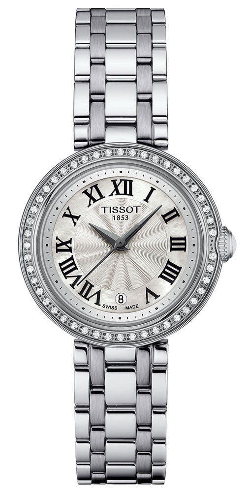 Tissot Bellissima Small Lady women's watch with silver dial, diamond bezel, and steel strap