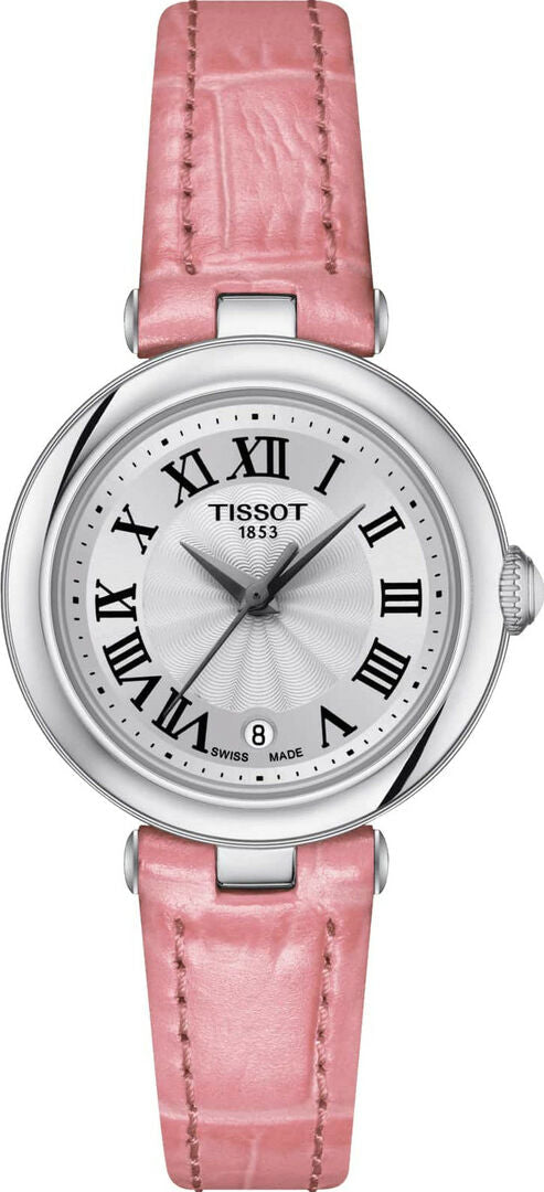 Tissot Bellissima small ladies watch with white dial, Roman numerals, pink leather strap, and stainless steel case