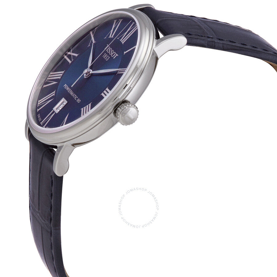 Tissot Carson Automatic watch from side angle showing blue dial and stainless steel case with leather strap