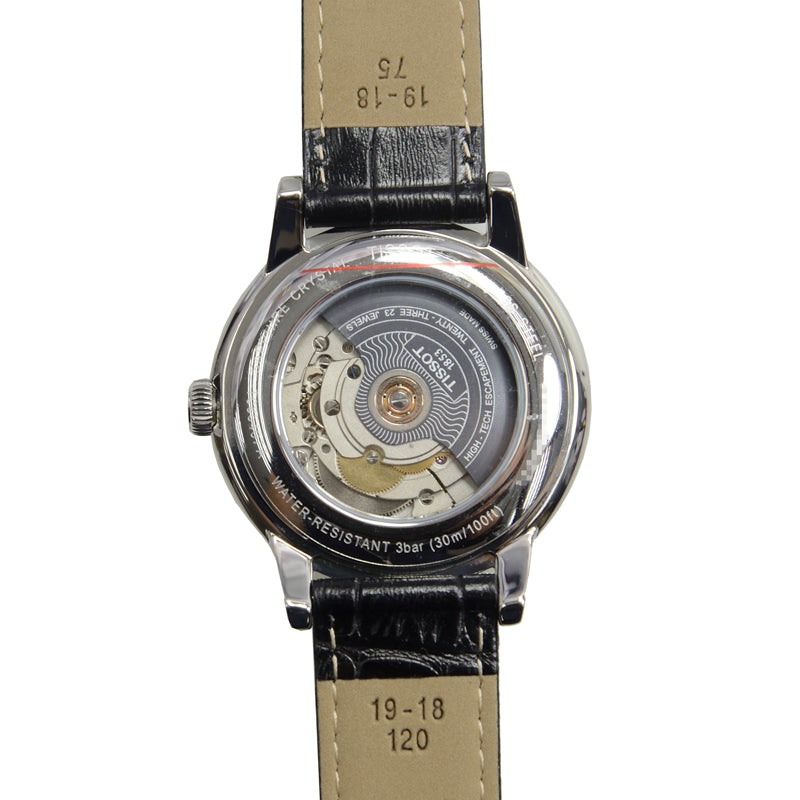 Tissot Carson Powermatic 80 caseback showing automatic movement through transparent sapphire