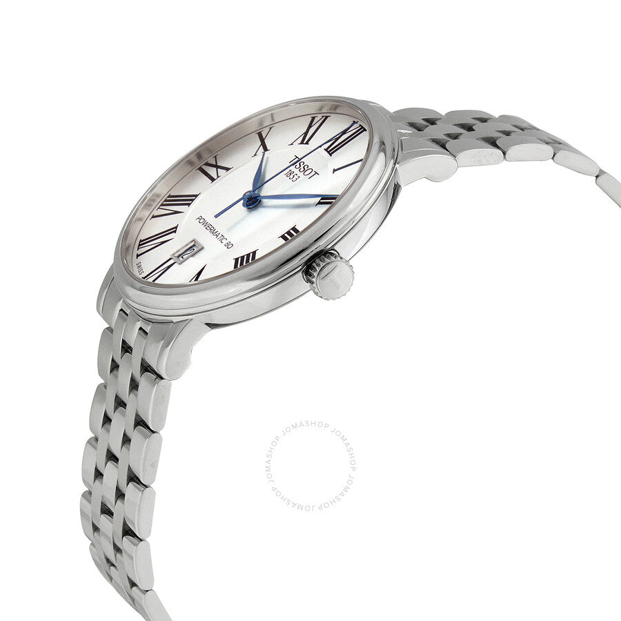 Side angle view of Tissot Carson Powermatic 80 with stainless steel bracelet and case