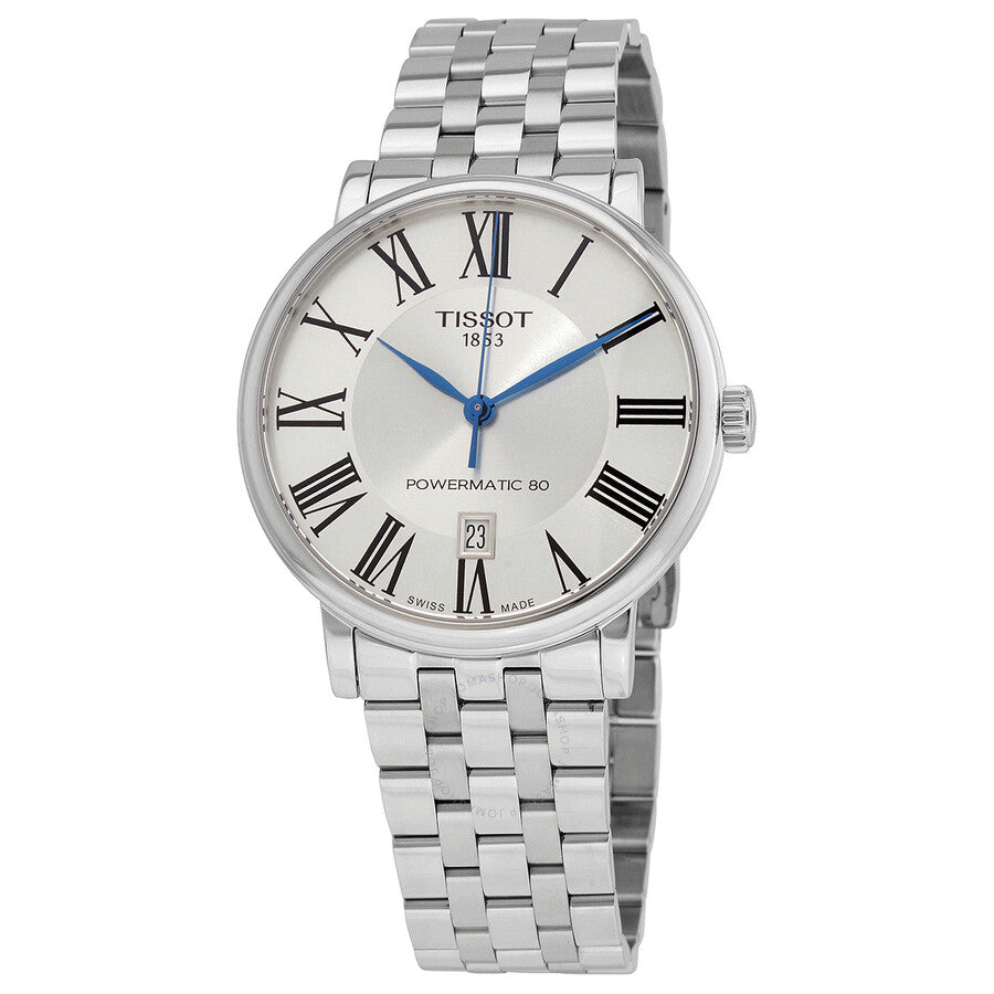 Tissot Carson Powermatic 80 automatic watch with silver dial and Roman numeral markers