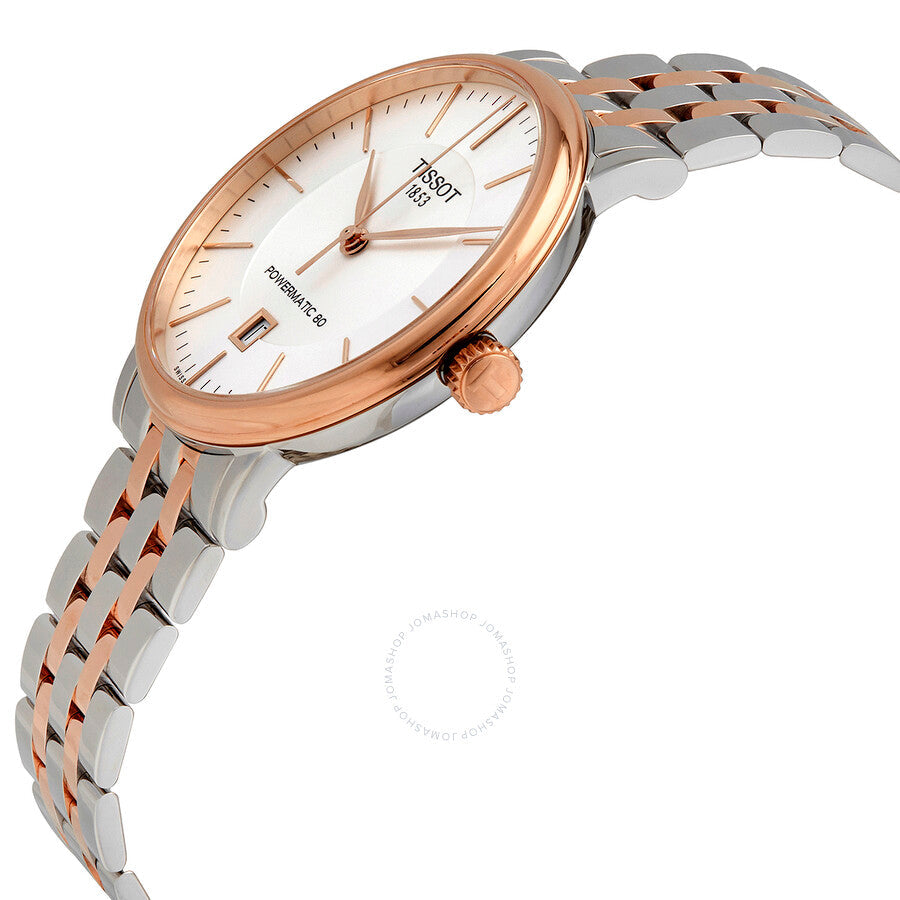 Tissot Carson Powermatic automatic watch at angle showing rose gold case and two-tone metal bracelet