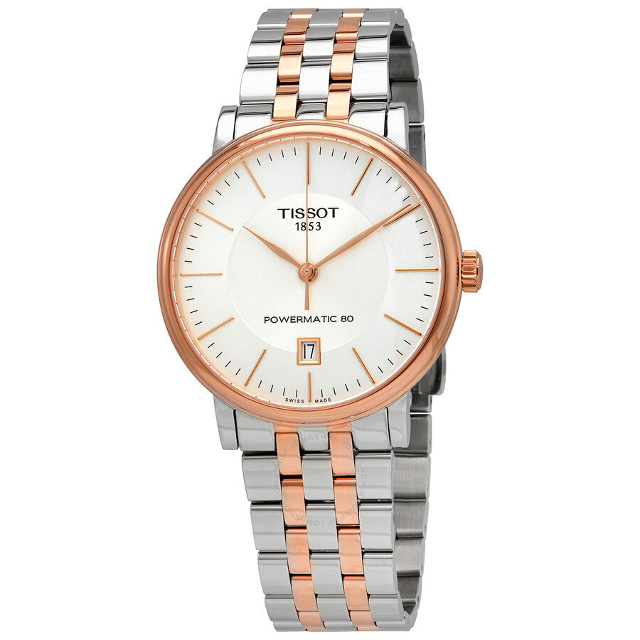 Tissot Carson Powermatic automatic watch with rose gold case and two-tone bracelet, silver dial