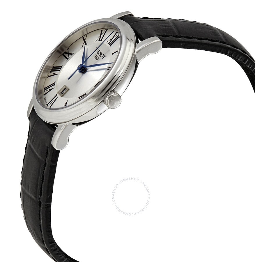 Side angle view of Tissot Carson Premium Lady watch on black leather strap