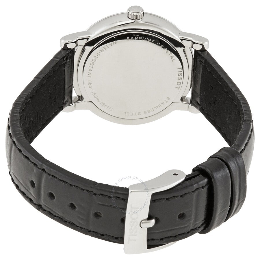 Caseback view of Tissot Carson Premium Lady watch with leather strap