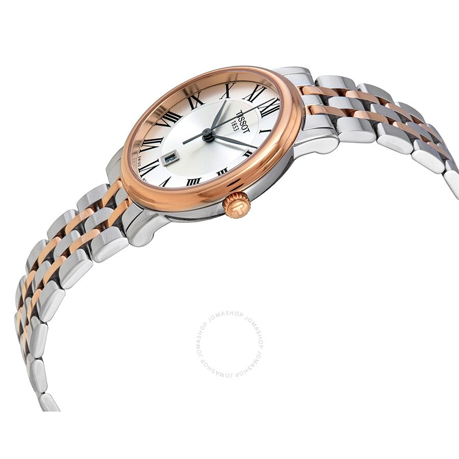 Tissot Carson Premium Lady watch angled side view showing two-tone rose gold and steel bracelet
