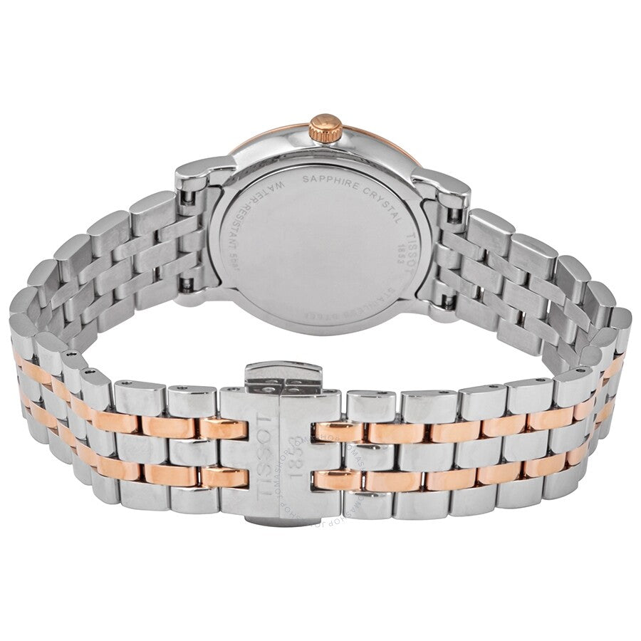 Tissot Carson Premium Lady watch caseback and strap detail with two-tone bracelet