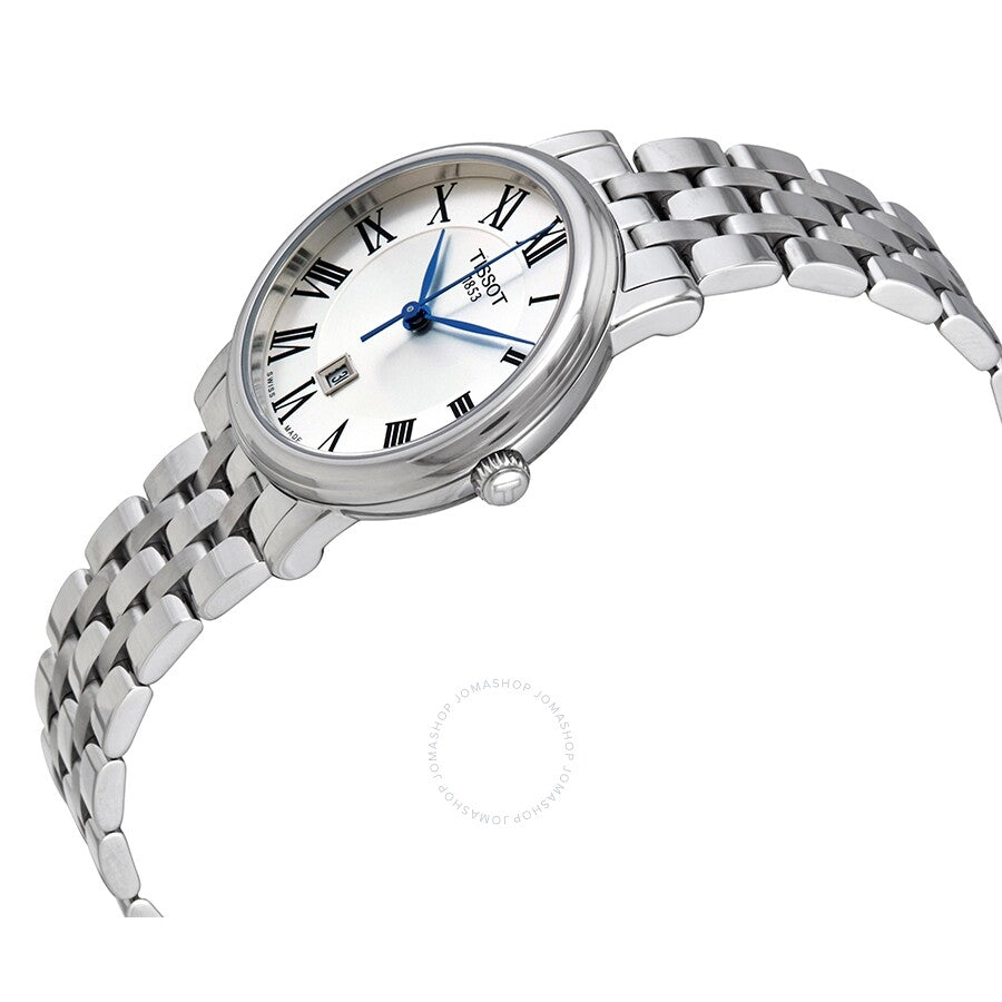 Tissot Carson Premium Lady watch shown at angle displaying silver bracelet and round case profile