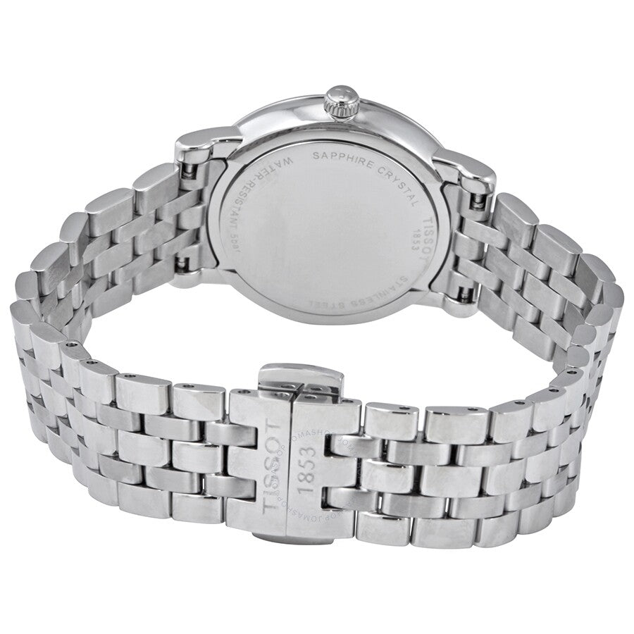 Tissot Carson Premium Lady watch caseback showing sapphire crystal and stainless steel band