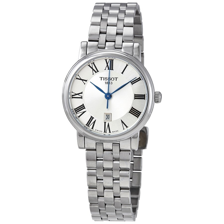 Tissot Carson Premium Lady quartz watch with silver dial, Roman numeral markers, blue hands, and stainless steel bracelet