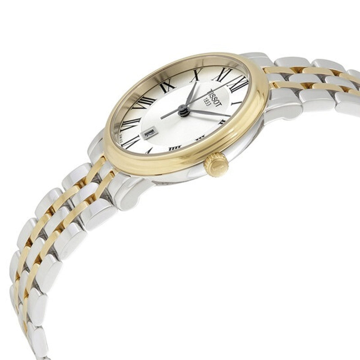 Tissot Carson Premium Lady watch at angle showing two-tone case and bracelet