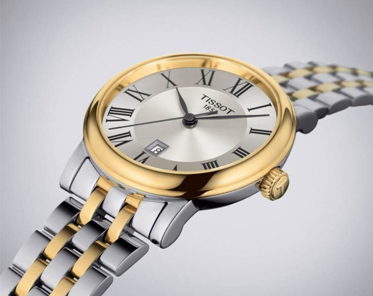 Tissot Carson Premium Lady watch side view with two-tone stainless steel bracelet