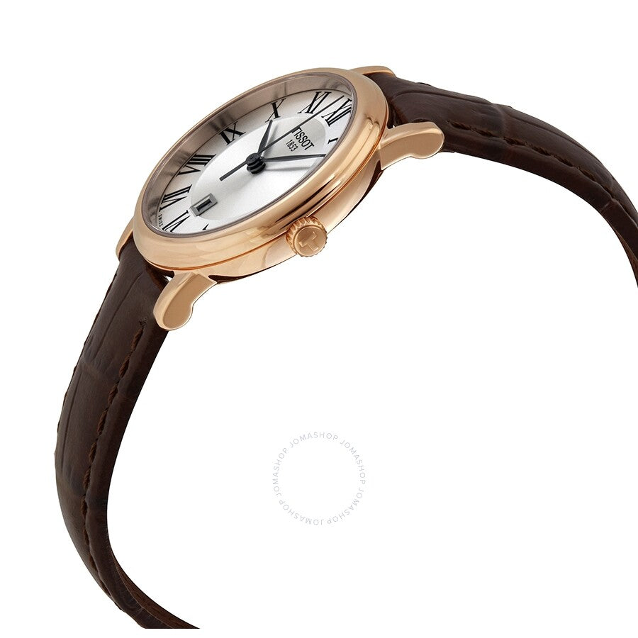 Side angle view of Tissot Carson Premium Lady watch with brown leather strap