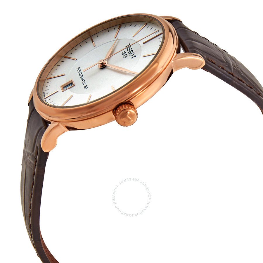 Tissot Carson Premium Powermatic 80 watch angled view showing rose gold case and brown strap